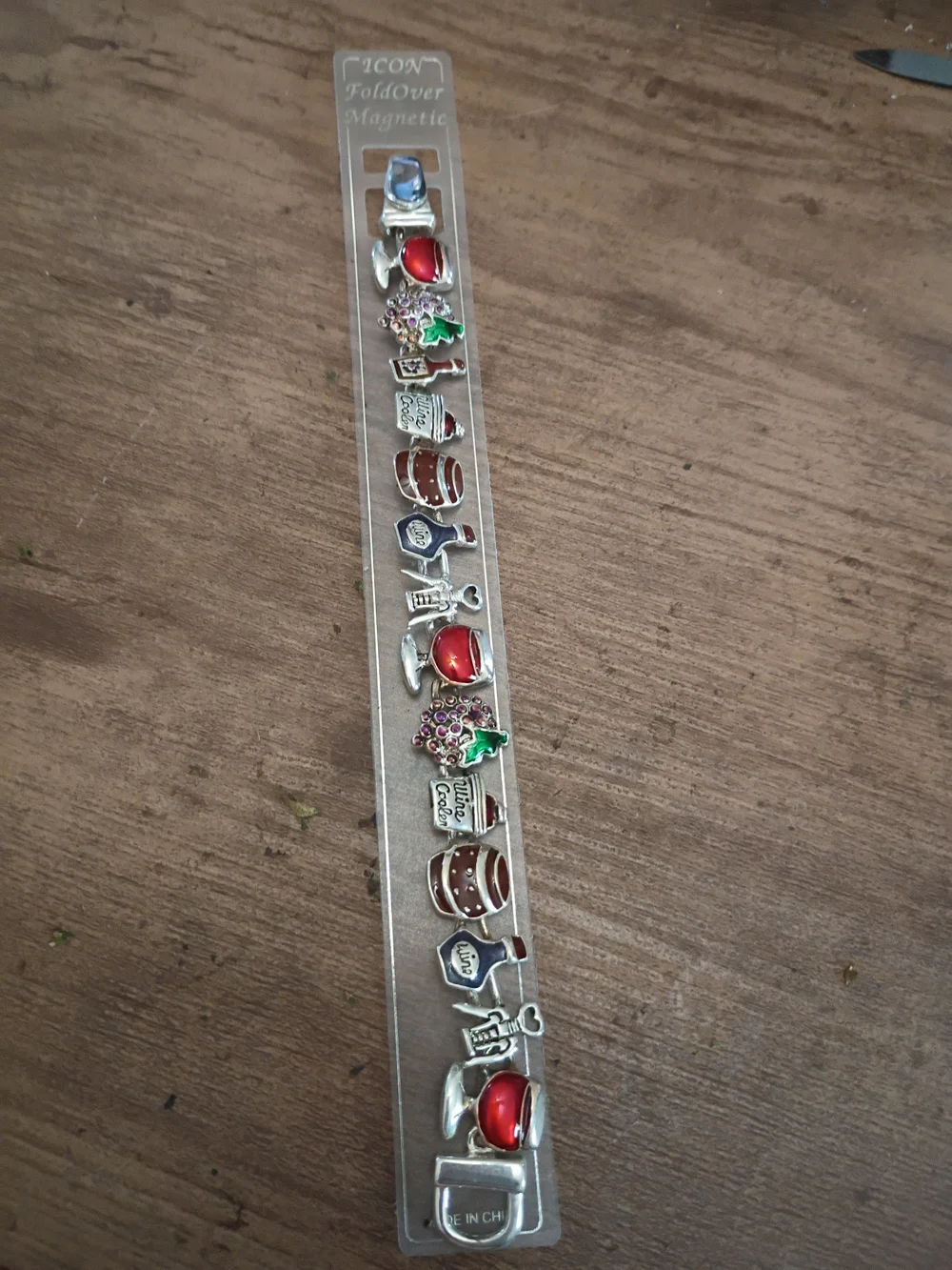 ICON Silver-tone Fold-Over Magnetic Bracelet With Wine Charms